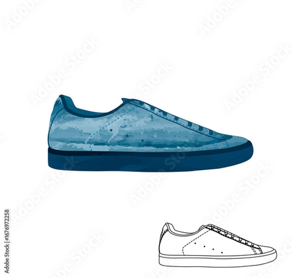 Obraz Vector Blue sneaker watercolor illustration with Outline Stroke sketch