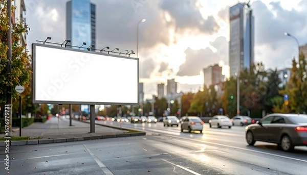 Obraz Empty large outdoor billboard on a city street at sunset, with blurred traffic and urban buildings creating a dynamic background for new advertising campaigns