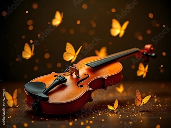 Obraz A violin rests on a dark surface surrounded by golden butterflies and sparkles.