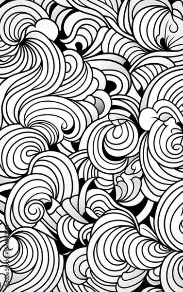Fototapeta Easy doodle coloring book page for kids, geometric and paisley elements arranged around two stylized flowers. Clear outlines, simple curves, large spaces to fill