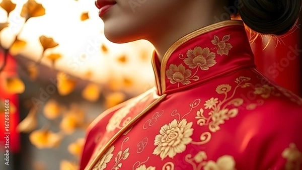 Fototapeta Golden chrysanthemum embroidery on ruby-red qipao, celebrating tradition in golden light.