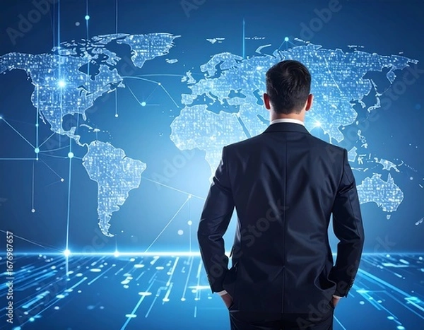 Fototapeta Global connectivity vision: A businessman contemplating the digital world map and business