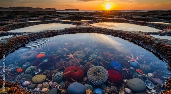 Obraz Stunning tide pool at sunset with colorful sea life and starfishes in clear water creating a peaceful scene