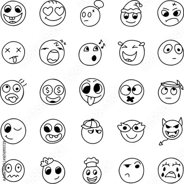 Fototapeta Hand drawn emoji doodle set, cartoon emoticons, funny smiley faces, black and white line art expressions, cute character emotions, sketch icons collection, vector illustration pack