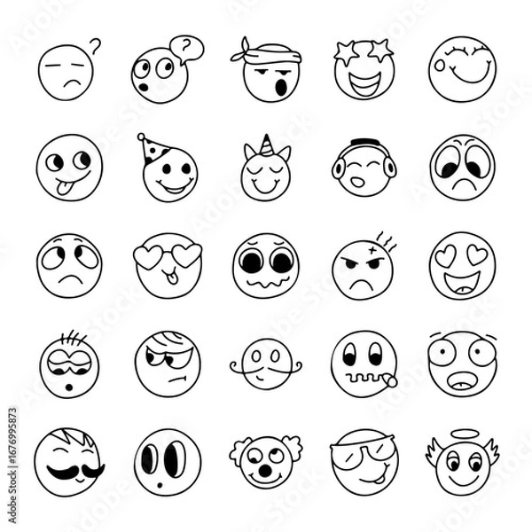 Fototapeta Hand drawn emoji doodle set, funny emoticons collection, cute smiley faces, cartoon expressions, black and white vector icons, sketch character emotions, line art illustration pack