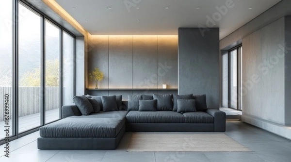 Fototapeta Modern interior with accent lighting and sleek chrome furniture