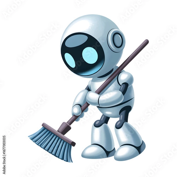 Fototapeta 3d illustration of cute robot character cleaning with a broom, isolated on white background