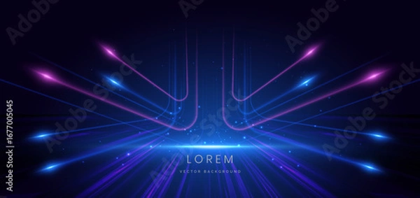 Fototapeta Blue and purple curved ray on dark blue background with lighting effect and sparkle.