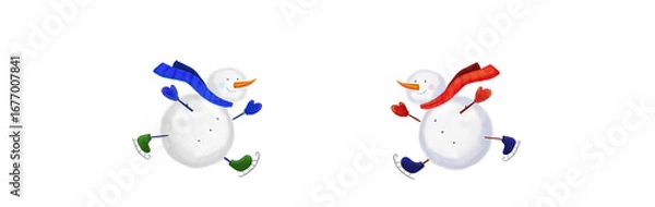 Obraz Two snowmen with ice skates on white background. Illustration of cute winter holidays concept
