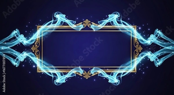Fototapeta Elegant Blue and Gold Frame with Smoke Effect.