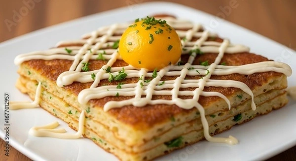 Fototapeta Savory Layered Pancake with Sunny Side Up Egg.