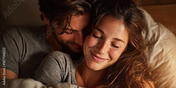 Fototapeta view of beautiful happy young couple hugging while sleeping on bed