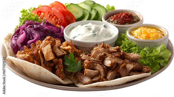 Fototapeta Doner Kebab Plate with Vegetables and Sauces, isolated on transparent background