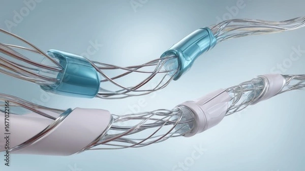 Fototapeta The 3D illustration shows a stent and catheter for blood vessel implantation, including both an empty and a filled balloon