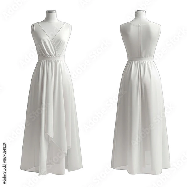 Fototapeta Elegant white dress on a mannequin showcasing a flowing design with a deep V-neck and asymmetrical hem.