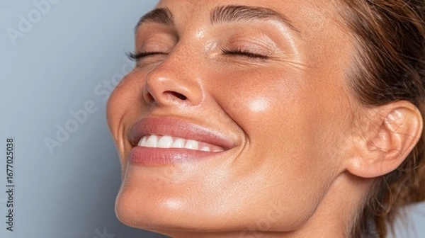 Fototapeta The woman's face shows a happy smile as she looks at the camera with closed eyes following Rf Microneedling