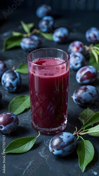 Obraz Refreshing plum juice in a glass with fresh plums and leaves, perfect for healthy eating and wellness