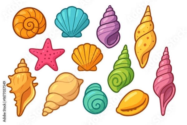 Fototapeta Colorful cartoon seashell collection. Vector illustration set of sea shells, starfish and conch. Marine life for summer beach design. Ocean nature objects on white background.