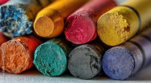 Obraz Close-up of used crayons, showing worn, colored tips