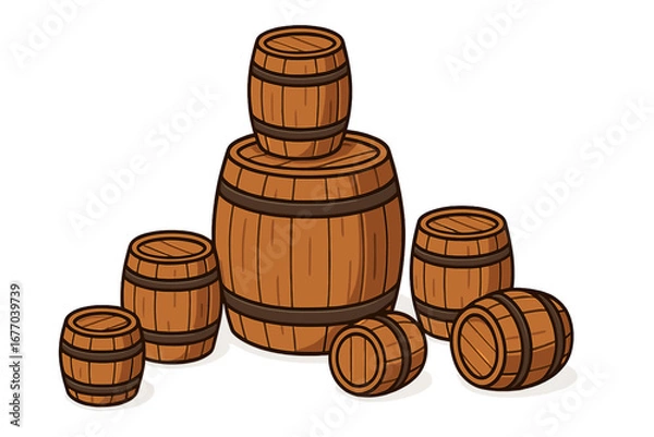 Fototapeta Wooden barrel set vector cartoon illustration. Rustic old wood cask for wine, beer, whiskey storage. Vintage container collection for winery, brewery or cellar concept design.