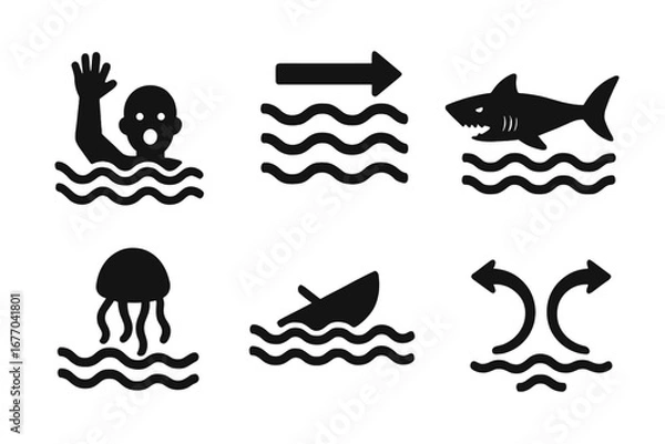 Fototapeta Water hazard solid icon set. Vector symbols of water dangers like drowning, strong currents, shark attack, jellyfish sting, boat capsizing, and rip tide for safety signs.