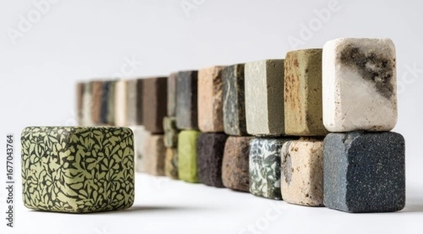 Obraz A single, patterned cube sits before a wall of various-colored, textured cubes