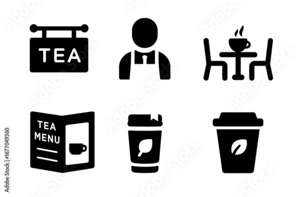 Fototapeta Tea shop glyph icon set. Cafe and coffee house concept. Solid fill vector icons. Barista, tea menu, to-go cup, table, sign. Beverage and drink symbols for web and app.