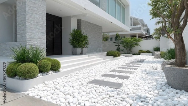 Fototapeta Modern house entrance with landscaped courtyard.  Exterior view of a contemporary home featuring a stone facade, white pebble pathway, and well-maintained landscaping