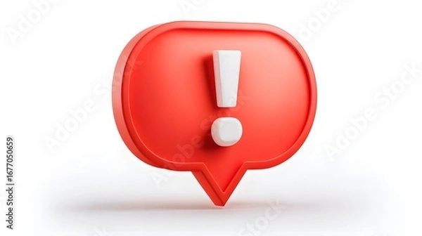 Fototapeta A 3d red speech bubble with an exclamation mark inside, symbolizing alert or warning