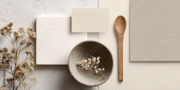 Fototapeta Flat lay featuring neutral colors, dried flowers, and simple objects