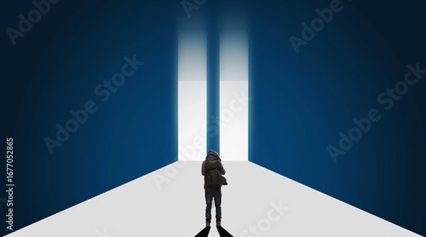 Fototapeta a man standing on white path to two doorways. Decision, challenge, opportunity and life choices concepts