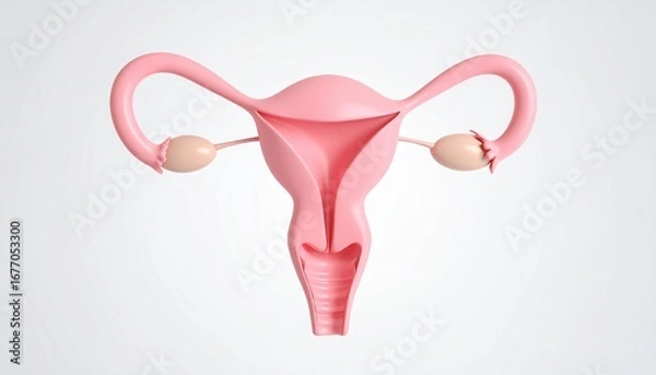 Fototapeta Anatomical model showing the female reproductive system with uterus, fallopian tubes, and ovaries on a white background.