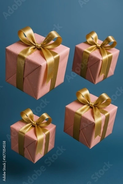 Fototapeta A realistic 3D pink gift box with golden ribbons, isolated on a blue background, rendered as a modern holiday surprise, serves as festive decorative 3D vector decor