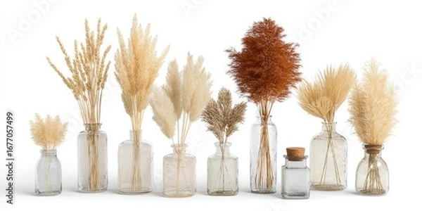 Obraz Dried pampas grass and wheat in glass vases
