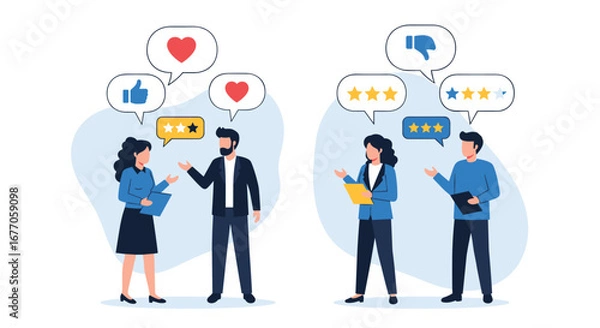 Fototapeta Customers share opinions and feedback on products and services discussed through social media conversations