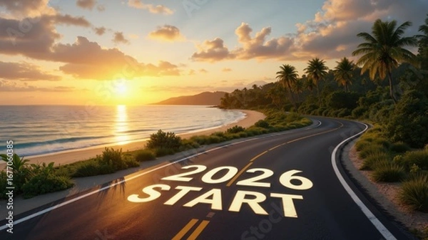 Fototapeta Winding Beach Road with words start 2026 of New Year on asphalt, lush green palms, vibrant sunset sky. Concept of serenity and new beginnings, start of New Year 2026.
