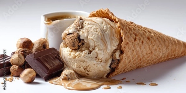 Obraz Creamy, nutty ice cream in a waffle cone, drizzled with coffee, surrounded by hazelnuts and chocolate