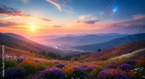 Fototapeta Sunrise Mountain Majesty with Wildflowers.