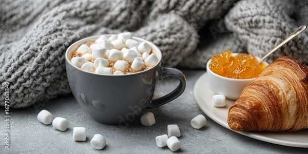 Obraz Cozy autumnal breakfast scene with hot cocoa, marshmallows, jam, and croissant