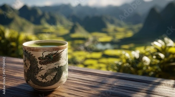 Obraz A ceramic teacup, filled with green tea, sits on a wooden table overlooking a tranquil Asian landscape