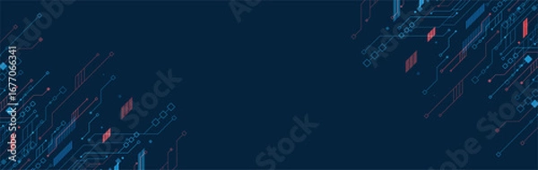 Fototapeta Futuristic digital circuit background with blue and red lines and nodes, symbolizing technology, data, innovation, electronics, and connectivity.