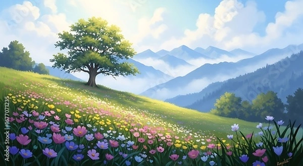 Fototapeta Scenic Hillside Meadow with Colorful Flowers and a Single Tree.