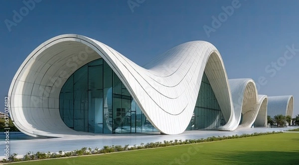 Obraz Modern, wave-like architectural structure with sweeping, white, curved facades.  Glass windows punctuate the curves.  The building sits on a grassy expanse, with a clear blue sky
