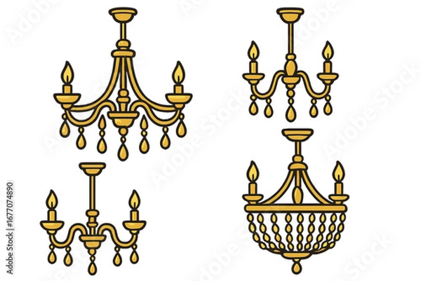 Fototapeta Set of elegant vintage chandeliers. Golden classic ceiling lamp collection with candles and crystals. Luxury interior design element. Vector outline cartoon illustration set.