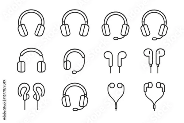 Fototapeta Headphones and earphones line icon set. Headset with microphone for call center, gaming gear, earbuds for music. Audio device pictogram collection. Editable stroke vector.