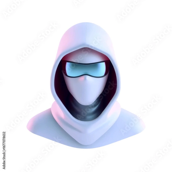 Fototapeta futuristic faceless 3d character in white hood with blue visor goggles representing cyberpunk, technology, and modern anonymity