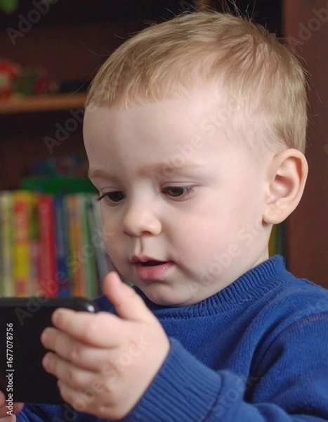 Fototapeta Baby looking intently at a phone