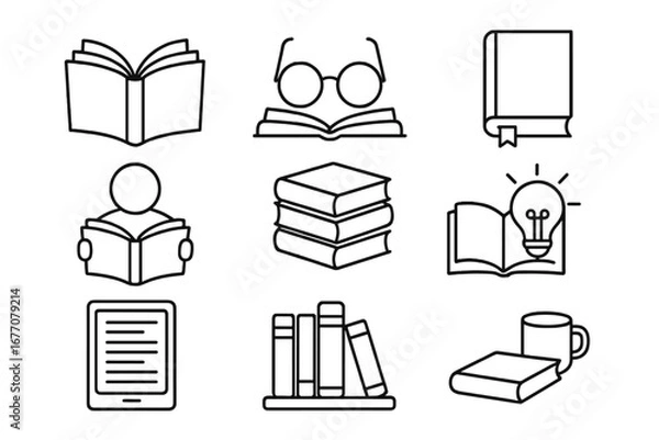 Fototapeta Book and reading outline icon set. Vector symbols for education, learning, literature, and knowledge. Includes library, reader, e-book concepts. Editable stroke icons.