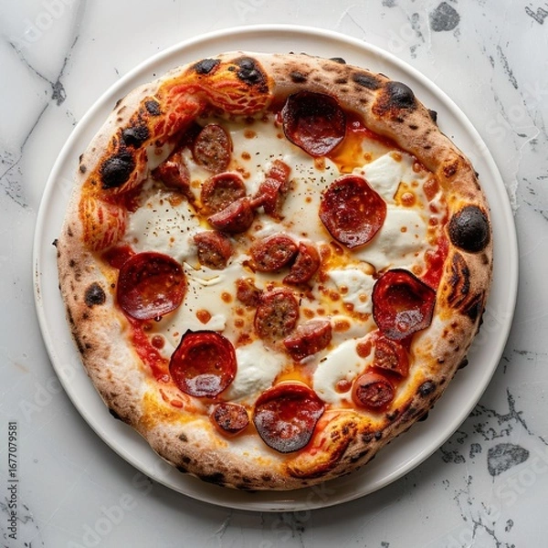 Fototapeta op-down food photography of a thin crust coal-fired pizza, lightly charred crust, topped with melted mozzarella, pepperoni, and sausage, cut into casual slices, on a simple white porcelain plate.