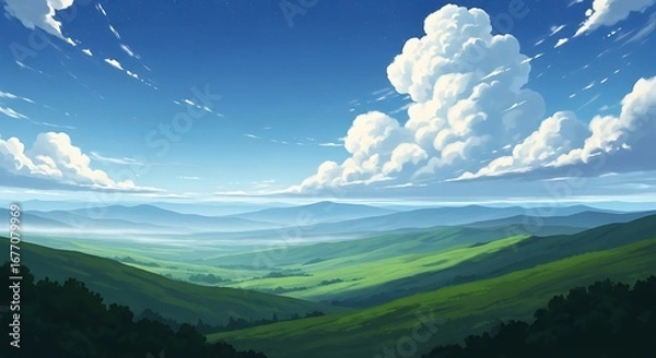 Fototapeta Serene Mountain Landscape with Fluffy Clouds.